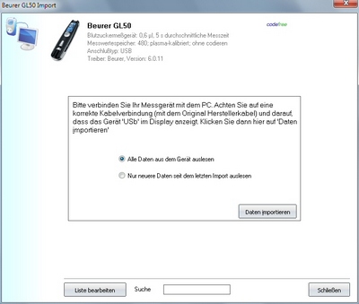 Datenübernahme vom Beurer GL50 ins Diabetes-Tagebuch