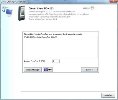 Daten&uuml;bernahme vom Clever Chek TD 4233 ins Diabetes-Tagebuch