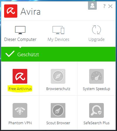 Avira Hauptbildschirm