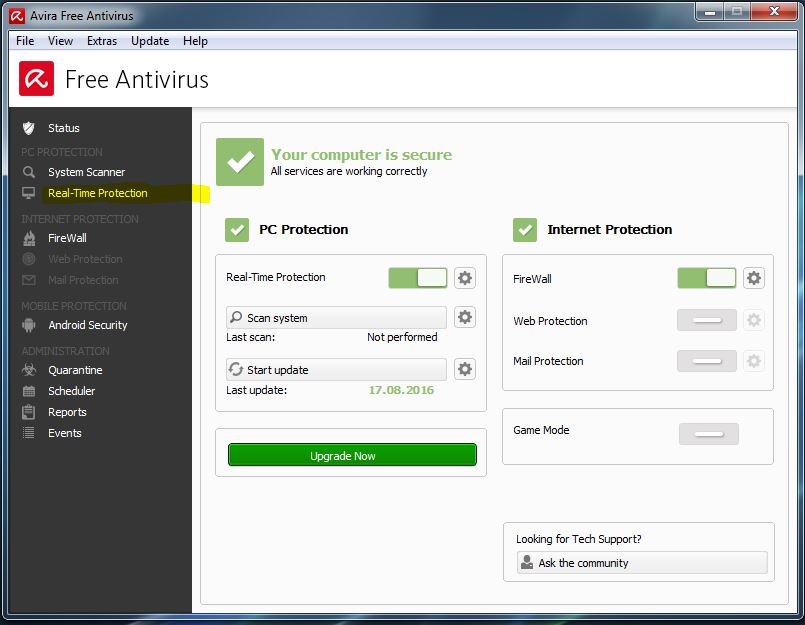 Antivirus main window