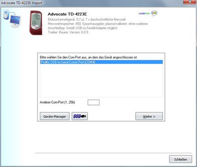 Datenübernahme vom Advocate TD 4223E ins Diabetes-Tagebuch