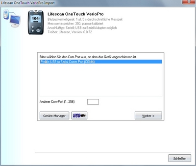 Datenübernahme vom Lifescan OneTouch Verio Pro ins Diabetes-Tagebuch